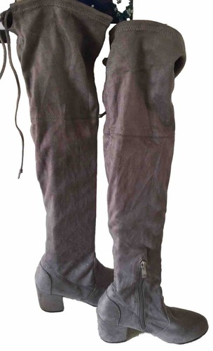 LINZI Grey Faux Suede Thigh High Boots Zip, Tie, Heel, U.K. 5 FREE P&P - Picture 4 of 6