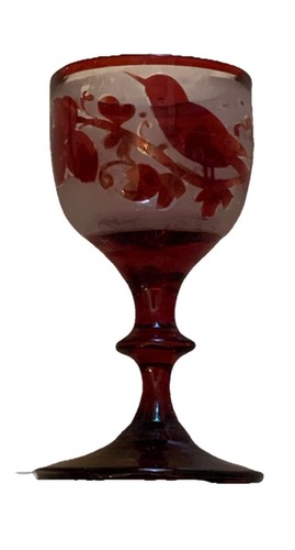 5 Antique Bohemian Glass Bird Cordials With Matching Glass Tray Handblown Red - Picture 4 of 9