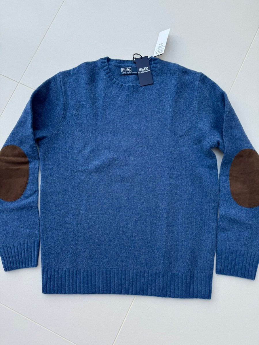 New Polo Ralph Lauren Cashmere Blend Suede Brown Elbow Patch Blue