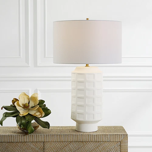Contemporary Chalk White Ceramic Grid Pattern Table Lamp 28 in Embossed Squares - Picture 2 of 7