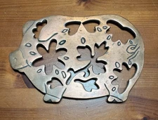 Vintage Trivet Pig Flowers Copper Tone Cast Iron Wall Hanging Kitchen Decor