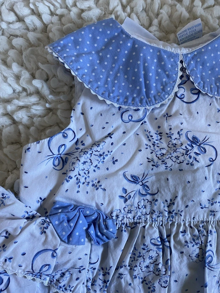 Vintage Bubble Romper 24 Month Floral Blue Ruffles Polka Dots By Miniwear - Image 2 of 4