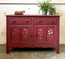  Sideboard vintage wood red hand painted originalwith hand painted flowers Ercol