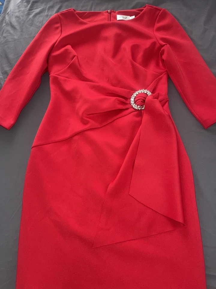 Eliza J Dress Womens 12 Red 3/4 Sleeve Rhinestone Detail Sheath Cocktail Elegant - Image 3 of 4