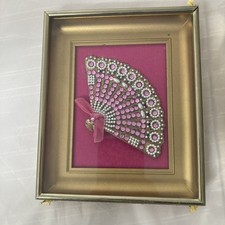 VINTAGE ANTIQUE MINIATURE BRASS FAN GOLD SHADOW BOX PEARLS LACE PINK RIBBON