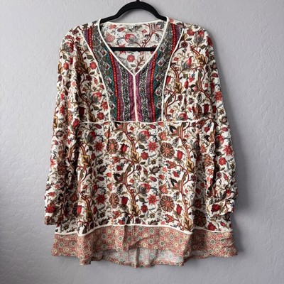 John Mark Medium Tunic Top Cream Floral Paisley V-Neck Long Sleeve Boho Peplum