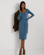 Ralph Lauren Belted Knit Henley Dress Blue Dusk Size MEDIUM NWT