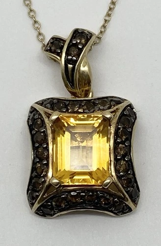 Vintage Gold Vermeil 925 Pendant Citrine w/ Smoky Quartz Halo 17” Chain Necklace