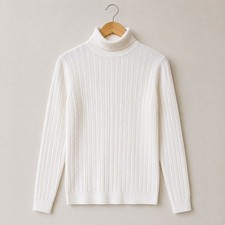 Womens Large Cable Knit Sweater White Turtleneck Ribbed Sleeves Pullover Classic