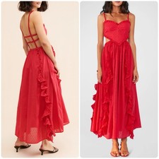 Farm Rio Heart Shaped Bodice Ruffled Midi Dress Red Open Back Medium