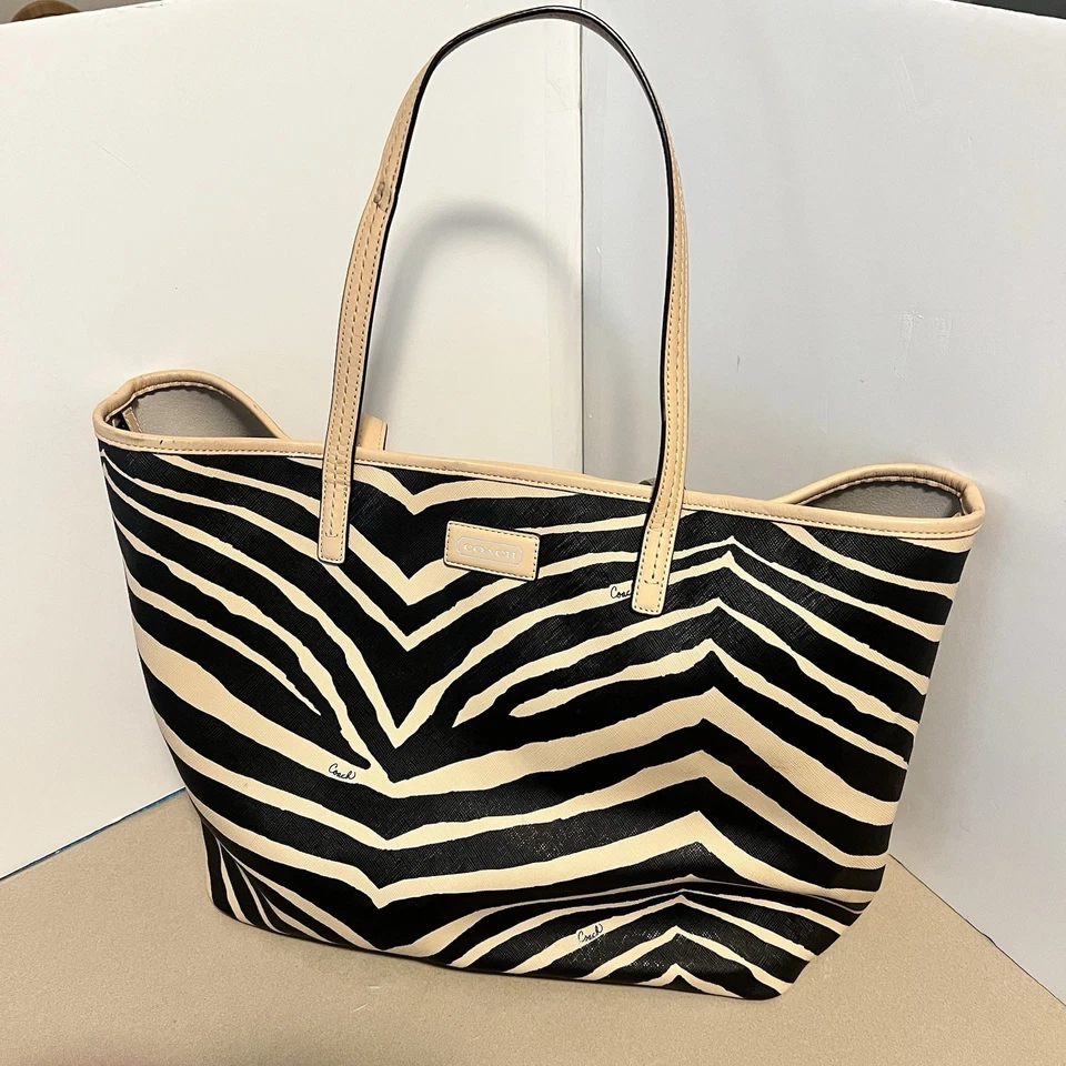 COACH Park Metro F26983 Black Tan Zebra Coated Canvas Tote Shoulder Bag