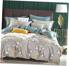 Duvet Cover 600 Thread Count Cotton Branch with Yellow Turquoise King Grey