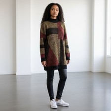Vintage 80s Black Sweater Gold Red Metallic Mock Neck Retro Color Block Size M