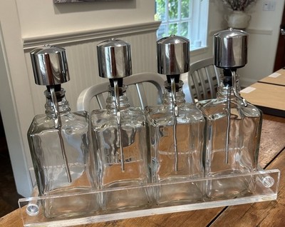 Vintage MCM Pump Liquor Dispenser Glass Decanter Set  Lucite Tray 4 bottles
