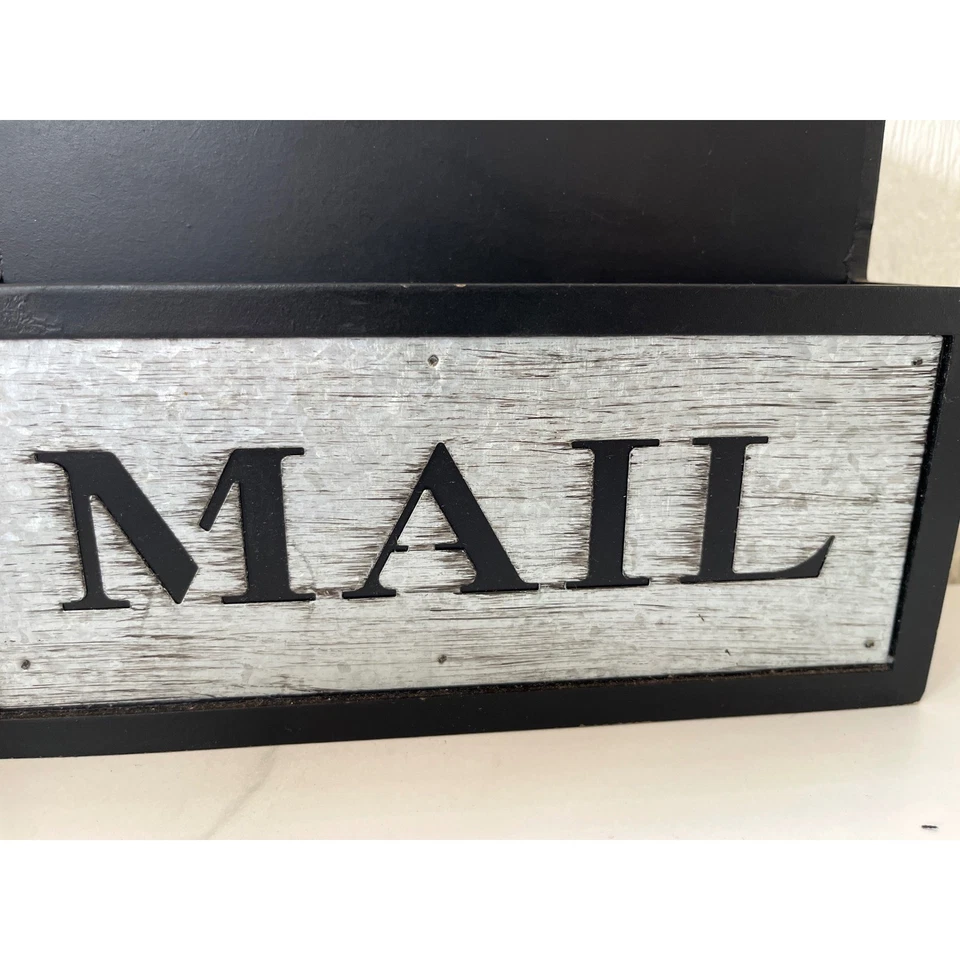 Rustic Mail Holder Organizer Black Galvanized Metal Wood Sign - Image 2 of 4