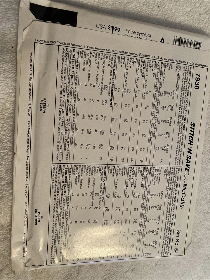 Stitch n Save Easy Pattern 7930 Mccalls Size 16-22 Unlined Vest Top Pants Uncut - Image 2 of 2