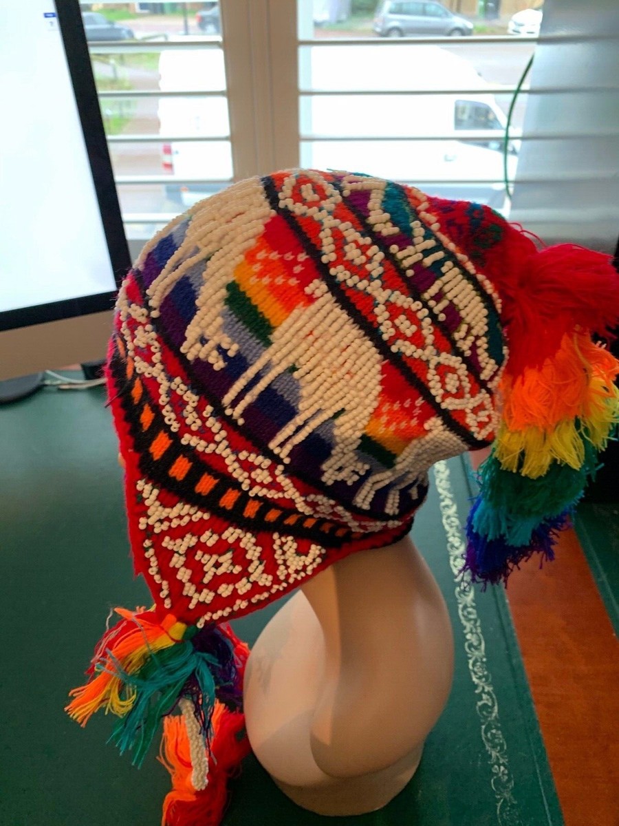 PERUVIAN CHULLO HAT WITH BEADS MULTICOLOURED RAVE FESTIVAL HAND
