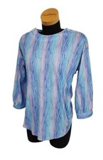 Vtg Blue Zebra Striped Womens Top 3/4 Sleeves Button Cuffs Shoulder Buttons