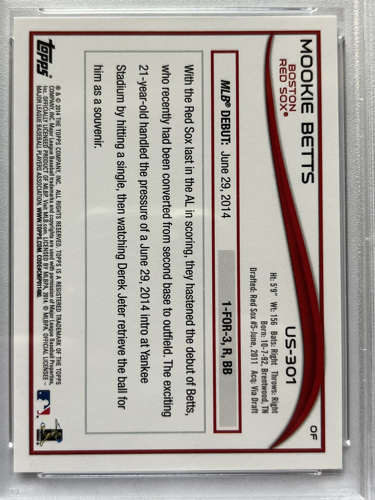 2014 Topps Update #US-301 Mookie Betts Rookie Card PSA 9 Mint Red Sox view 4
