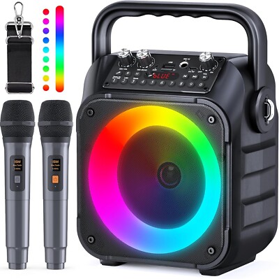 Karaoke portátil, altavoz Bluetooth con 2 micrófonos inalámbricos para adultos y