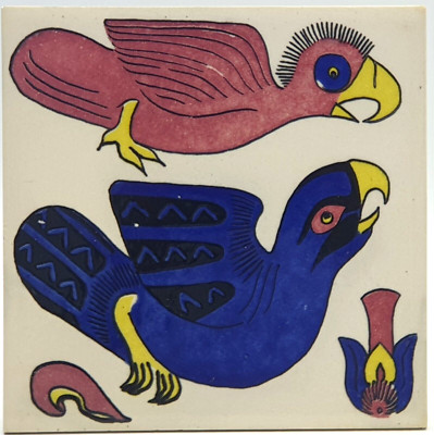 Vintage Hand Siebdruck Dekorfliese Azteken Vögel Caroline Campbell um 1968