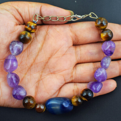 150 Cts Natural 7'' Long Tiger Eye & Amethyst Beaded Womens Bracelet JK-02E355