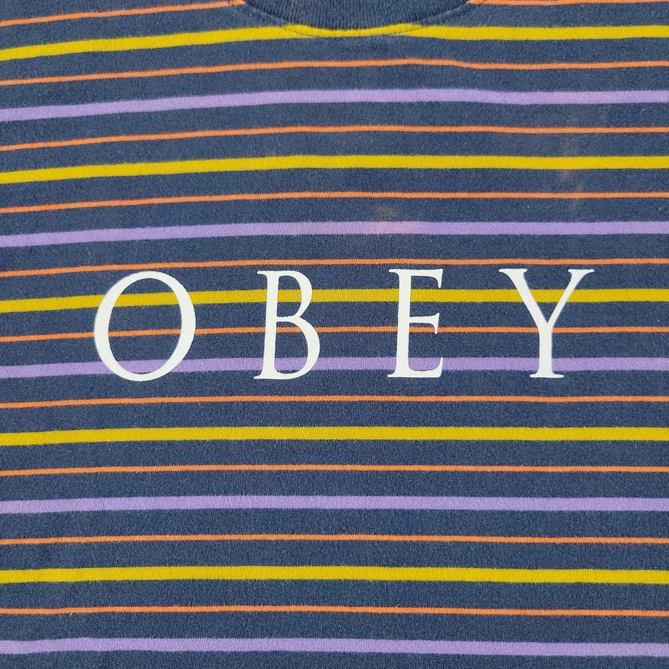 Obey Shirt Women's Small Blue Purple Striped Graphic Tee Short Sleeve Top Adult - Imagem 2 de 4
