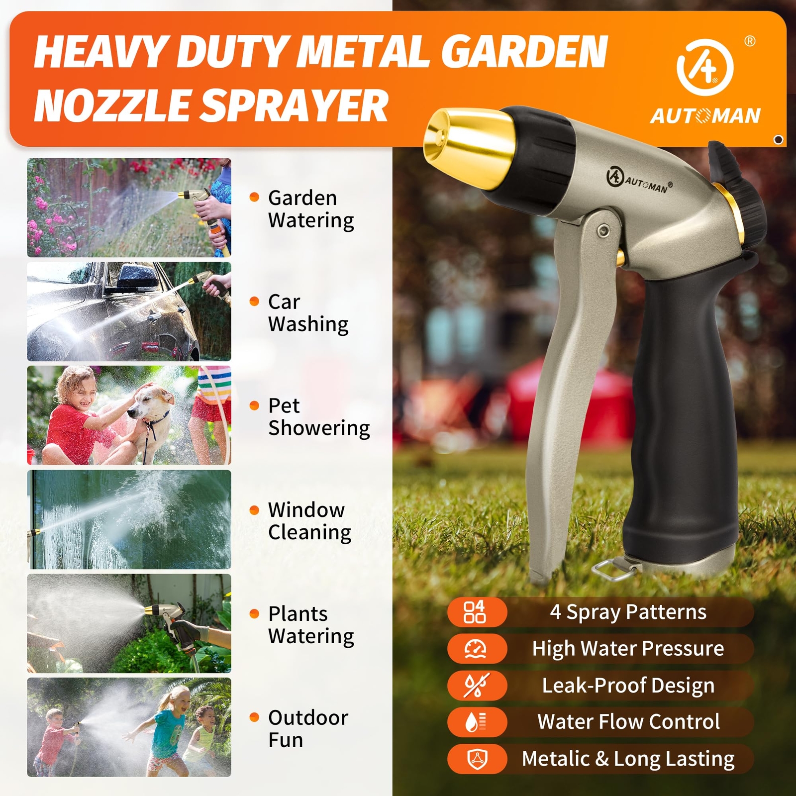 Garden Hose Nozzle 100%Metal High Pressure Spray Nozzle,Adjustable Spray Pattern