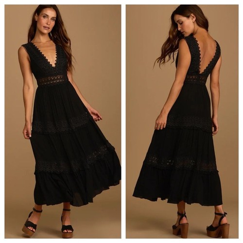 NWT LULUS | Truly Blissful Black Crochet Lace Tiered Maxi Dress | S
