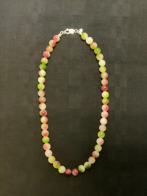 Persian tri color Jade in a handcrafted 16  necklace with sterling silver. SR106