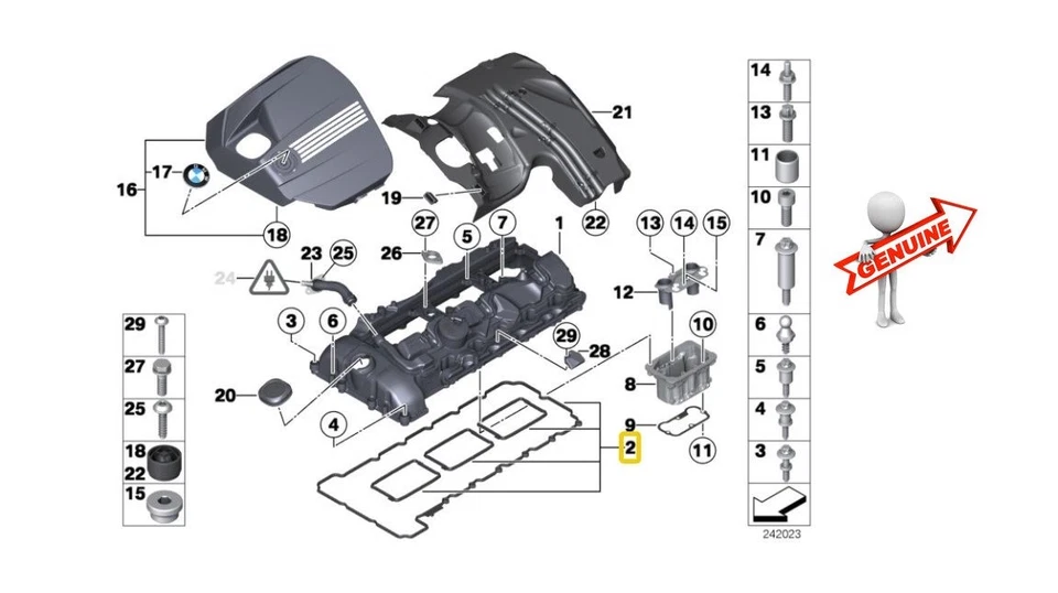 BMW E90 F30 F07 F10 F06 F12 F01 X3 X5 X6 Engine Valve Cover Gasket Set GENUINE - Image 2 of 4