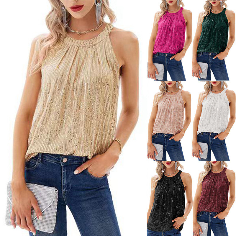 Womens Sleeveless Sparkly Sequins Blouse Christmas Party Vest T-Shirts Tops SIZE