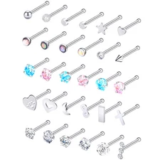 30Pcs Opal CZ Nose Bone Stud Ring Surgical Steel Nostril Pin Tragus Piercing 20G
