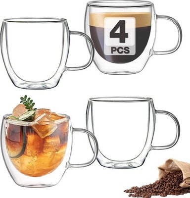 Juego de 4 tazas de café de vidrio de doble pared transparente, tazas de café.