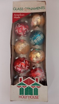 Eight Vintage 1960's Holly House Corning Glass Ornaments