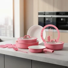 Induction Compatible Ceramic Cookware Set in Chic Pink – 6 Essential Pieces