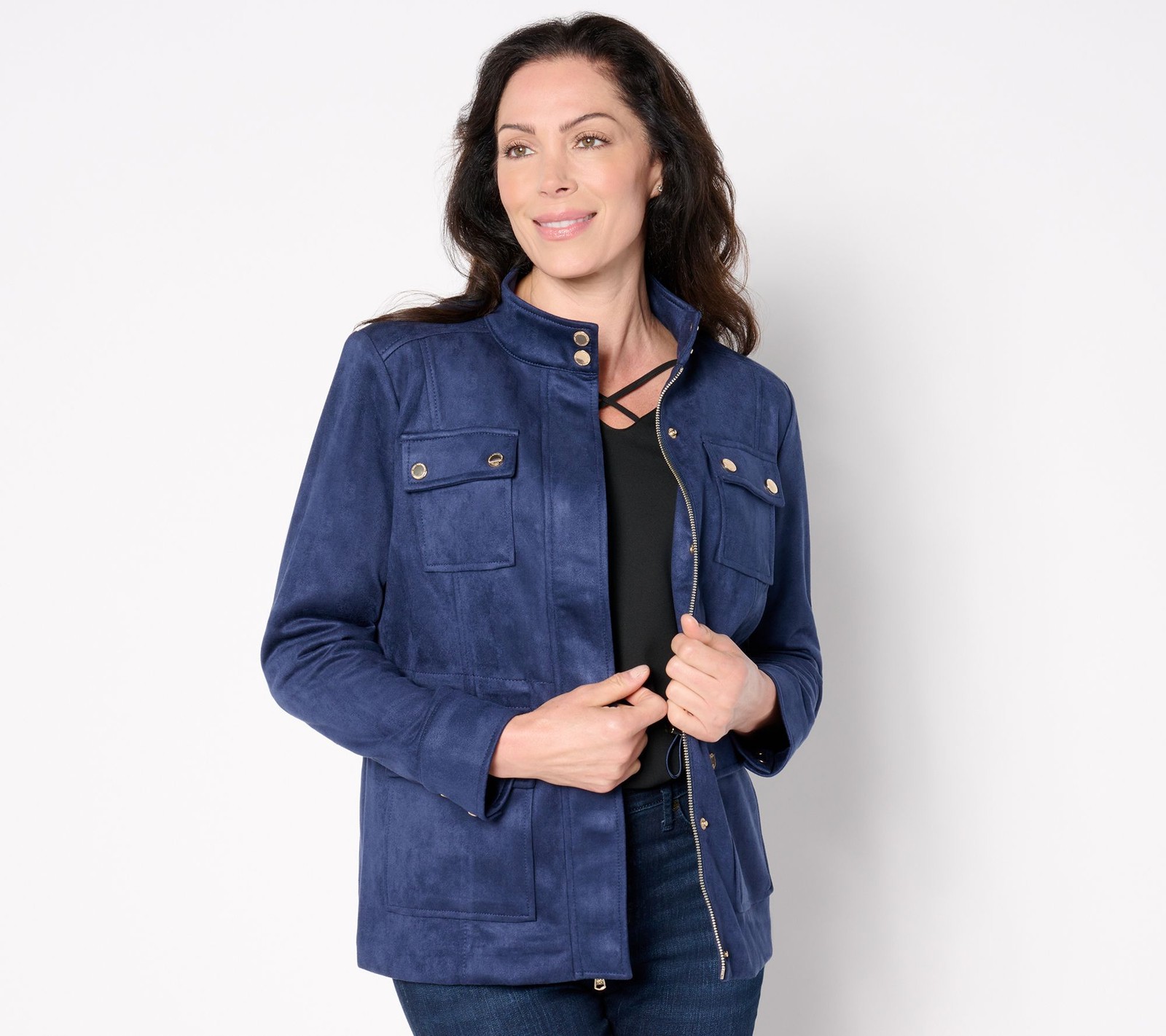 Isaac Mizrahi Live! Women's Jacket Sz M Estate Faux Suede Zip Front Blue A664236