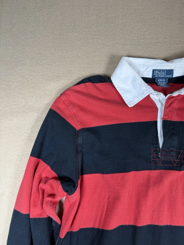 Vintage Polo Ralph Lauren Striped Rugby Long Sleeve Shirt Red Black Youth XL - Image 3 of 4