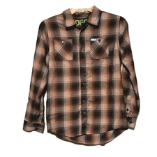 Dixxon Youth Boys DFC Shirt L Black Brown Plaid Long Sleeve Snap Buttons Outdoor
