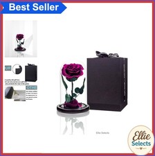 Preserved Purple Rose in Glass Dome Wooden Base Handmade Flowers Gift Home