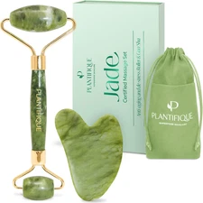 PLANTIFIQUE Jade Roller & Gua Sha Set – Real Jade Facial Tools for Skin Care Rou