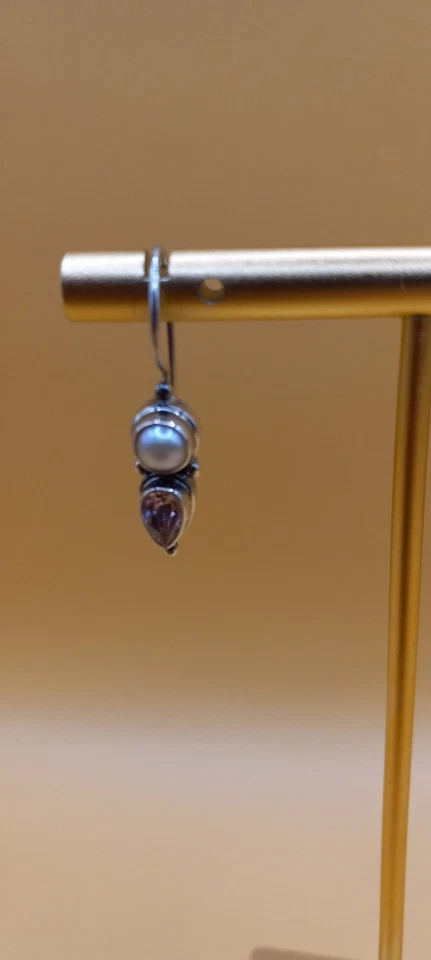 Vintage 925 Hook Earrings W/ Pearl On Top And A Teardrop Shape Pink Cubic... - Image 2 of 4