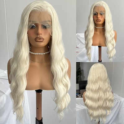 Hitzebeständiges Kunsthaar Long Wavy Platinblond HD-Lace-Front-Perücken