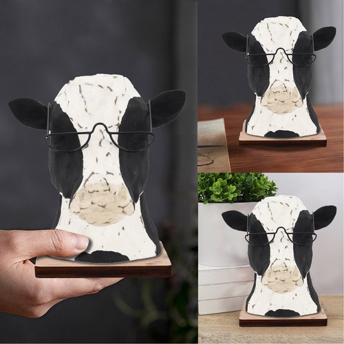 Cow Head Wearing Glasses Statues Wooden Decorative Cow Eyeglasses Display Sta UK - Picture 7 of 24