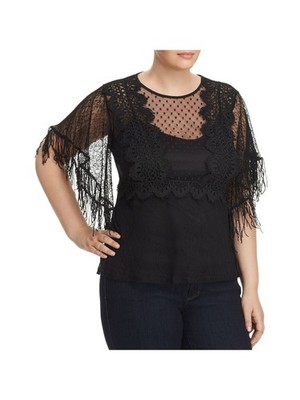 LOST INK Womens Mesh Lace  Elbow Sleeve Crew Neck Evening Top