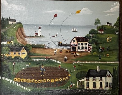 Folk Art Acrylic Painting On Canvas New England by Theresa Prokop Signed Vintage