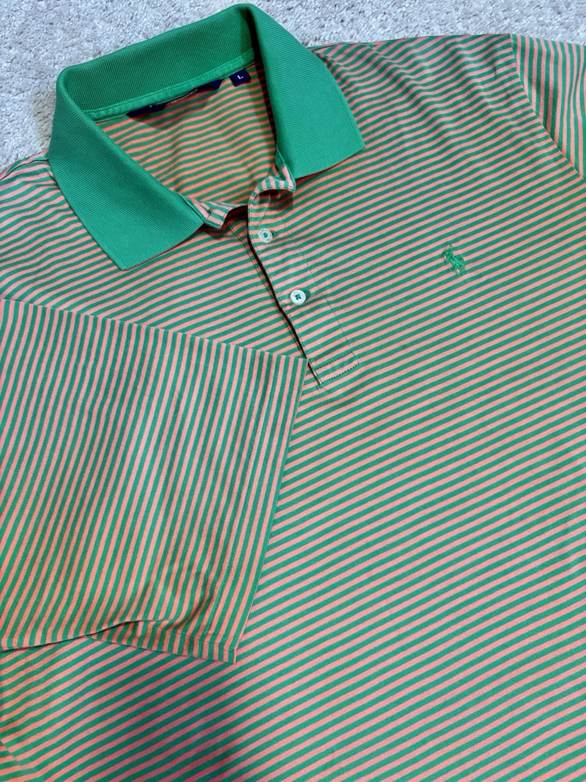 Vintage Ralph Lauren Golf Polo Shirt Mens L Green Pink Stripe Pony Pima Cotton