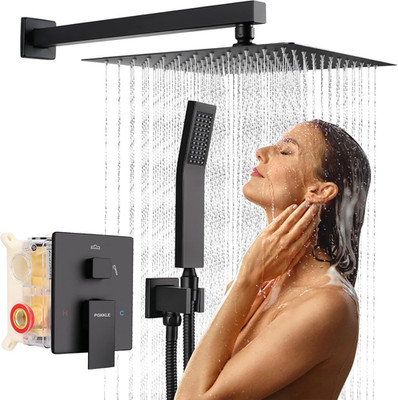 Matte Black 10'' Rainfall Shower System with Brass Valve & Accessories Set