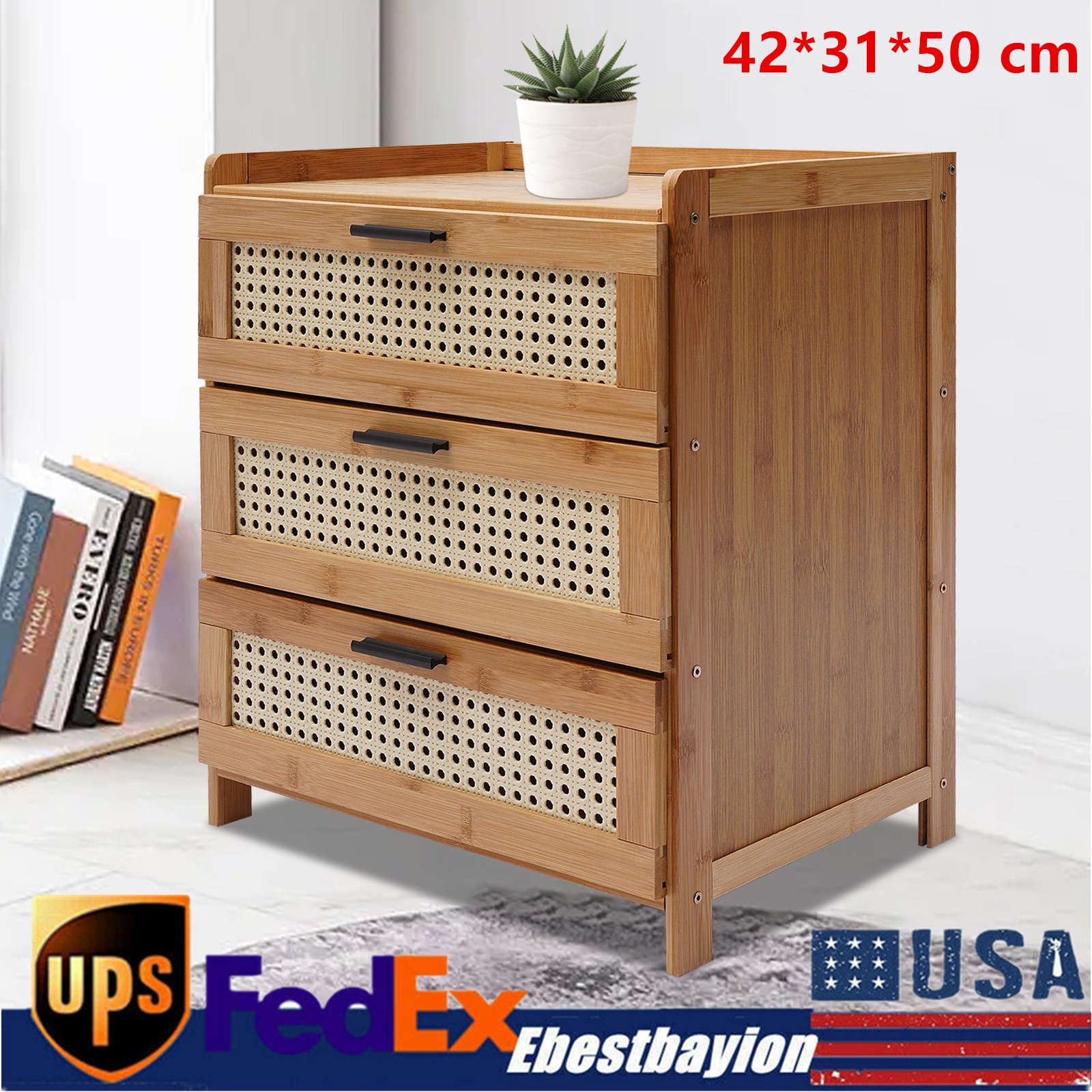 Bamboo Nightstand with 3 Sliding Drawers Storage End Table