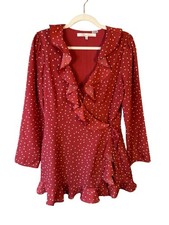 Lovers Friends Red Star Print Wrap Long Sleeve Ruffle Romper Size M Feminine